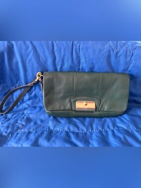 Coach Dark Green Leather Wristlet Clutch with Gold-Tone Lock